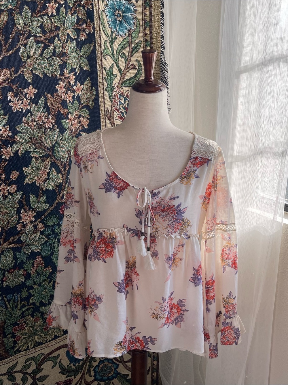 Floral Print Chiffon Bell Sleeve Boho Top with Crochet Lace Details